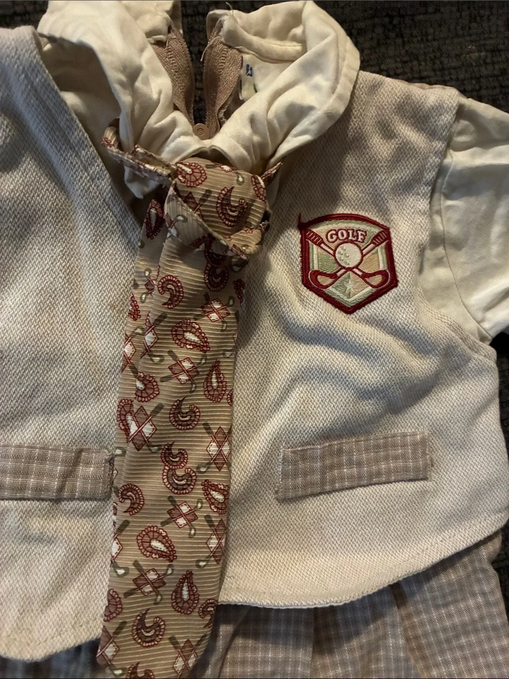 Vintage Boys Golf Romper with tie with checkered pattern